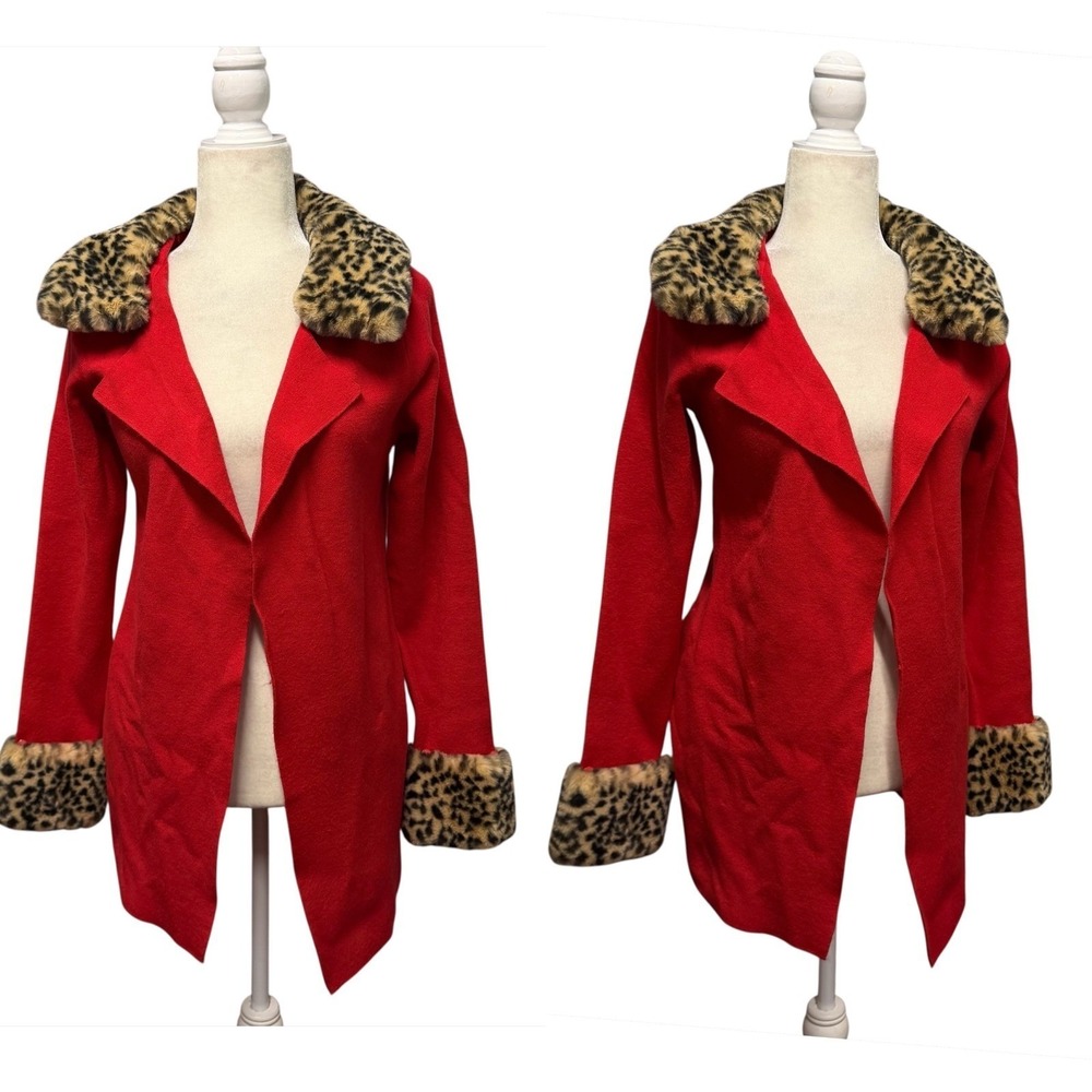 Womens Size S Red Faux Fur Leopard Trim Knit Cardigan Jacket Open Front Mob Wife